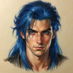 a drawing of a man with blue hair, a character portrait, trending on deviantart, fantasy art, lighthearted, handsome, style by donato giancola, wayne reynolds, jeff easley dramatic light, high detail, cinematic lighting, trending on artstation