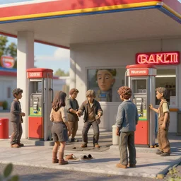 people made of plastic and clay, 3 d, exterior gas station, neon signs, portrait face, dappled light, in the style of matt murphy, jeremy enecio, miles johnston, monet, cynical realism, john william godward, yoshitaka amano, miles johnston, louise zhang, matt murphy, enes dirig, pekka halonen, finnish naturalism, realism
