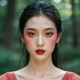beautiful portrait, ( ( head shot ) ), red gui sharp focus, neo classic, bloom, movie still, dogi, sony, symmetrial, makeup, sephora, loreal, green highlights, lens flare, studio light, octane render, maybelline, model, forest, traditional, vsco, bokeh, 8 k