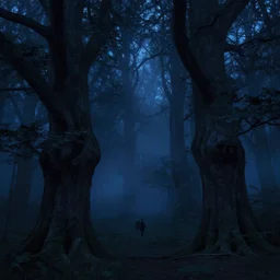 a forest of thick and tall gnarled trees, black fog hanging over the woods, everlasting night, blue hour, by asher brown durand and chesley bonestell