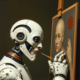 robot artist artist painting a self portrait, by clyde caldwell, james c. christensen, h. r. giger, george tooker