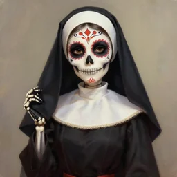 cute & beautiful smiling mexican undead skeleton girl dressed as a vert attractive nun looking at the viewer, elegant, digital art, fantasy, pixar style, painting, pin up, highly detailed, artstation, art by artgerm, vrubel, boris vallejo and ilya kuvshinov