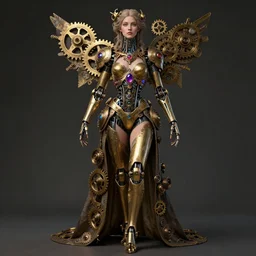 A full body photo of a steampunk beautiful goddess, she half human and half robot, she is embellished with few gears wheels and gemstones, by William Holman Hunt, Greg Rutkowski, Stanely Artgerm, Tooth Wu, Peter Gric, Aaron Horkey, trending on Artstation, digital art, mythological, symmetrical artwork, cinematic lighting, hyper realism, high detail, octane render, ultra realistic, golden ratio, 4k, 8k