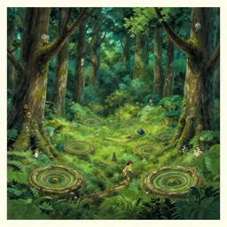 ancient forest clearing, fairy circles, a poster by studio ghibli, featured on pixiv, environmental art, hd, highly detailed and intricate masterpiece