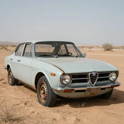 a wrecked 1 9 9 2 alfa romeo 1 5 5 q 4, abandoned in a desert, dusty, damaged, some rust