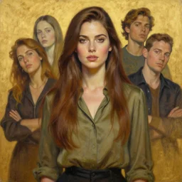 epic painting of highly detailed long brown haired female in olive blouse on golden glowing background in style of amy leibowitz, wlop, jeremy lipkin, beeple