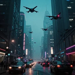 cyberpunk street with drones patrolling