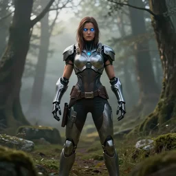 muscular female warrior with glowing blue eyes wearing biomechanical armor, apex legends, forest plains of yorkshire, misty forest, mcu, concept art, good value control, digital painting, sharp focus, rule of thirds, 4k, centered, magic hour photography, atmospheric, moody colors