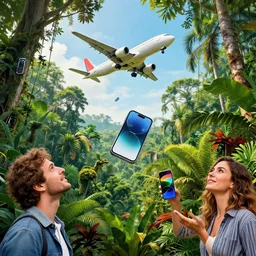 bottom up shot of plane dropping smartphones in the jungle by leonid afremov and jill charuk, colorful, highly detailed, decollage 4 k