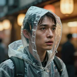 Kodak Portra 400, 8K, highly detailed, H.R Giger style 3/4 extreme closeup portrait, clear eyes, focus on clear transparent raincoat terrified model, tilt shift h.r giger style background: famous blade runner remake, tokyo izakaya scene