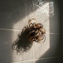 mess of hair hairball on shower wall.