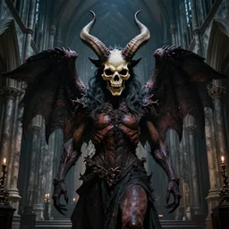A highly detailed and realistic art of a demon with huge horns and a skull mask , standing in the middle of a dark gothic cathedral , art by Archangel, hyperrealistic , realistic , surreal