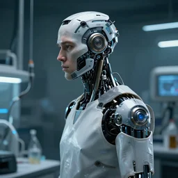 a laboratory operator man with cybernetic enhancements, scifi character torso portrait by greg rutkowski, craig mullins, daytoner, cinematic lighting, dystopian scifi gear, profile picture, highly mechanical, cyborg, half robot