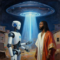 robot in Ajegunle slum of Lagos conversing with African Jesus Christ about beauty under a large UFO beaming a neon ray, painting by Robert Rauschenberg,