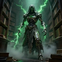 character and environment design, biomechanical arcanist in library, tattered robe and hood, green lightning, fog, scary, arrogant, hostile, photorealistic, cinematic, hyper realistic, octane render, 8 k, wide angle