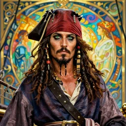 fully clothed handsome pirate on a pirate ship. love. eyes. talented art nouveau. mucha. hingres. colorful, bright, ornate detailed background