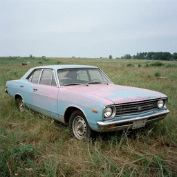 A photograph of a beater beater beater beater beater beater beater beater abandoned abandoned abandoned abandoned abandoned abandoned 1976 Powder Blue Dodge Aspen in a farm field, photograph taken in 1989