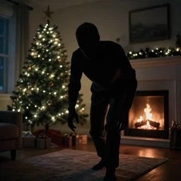 slender man creeping at night, dark image, horror, Christmas tree with lights, fireplace in background, inside living room. Dark spect, 4k realistic