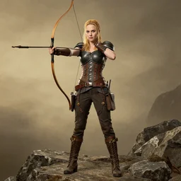 full body photo of karen gillan as a steampunk archer