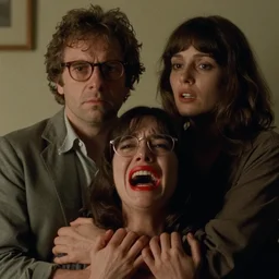 todd solondz stars in the tenant by roman polanski and possession by andrzej zulawski, tripping, glasses, scared, screaming and crying, red lipstick, by francis bacon, seventies film, cinemaic, dramatic, soft light