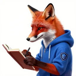 a close-up profile shot of a red fox in a blue hoodie on the white background holding a notebook in one paw and typing with another paw, a hacker group badge on the hoodie sleeve, stroke painting, cyberpunk style, digital art picture, highly detailed, artstation