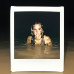 emma watson rising out of muddy vietnam river, face covered in mud, low camera angle at water level, night time, polaroid,