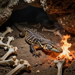Giant lizard spies fire, in a cave, many bones around