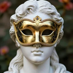 antinous statue wearing venetian masquerade mask, symmetry, reflecting flower