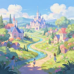 fairytale valley landscape wonderland crossroad beauty pastel vibrant digital matte cyberAquarium artstation, cgsociety, 8k  behance hd by Jesper Ejsing, by RHADS, Makoto Shinkai and Lois van baarle, ilya kuvshinov, rossdraws global illumination