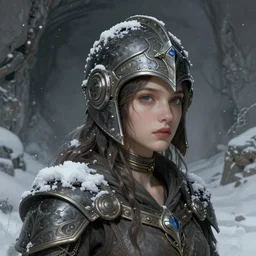 a young female humanoid with a large head wearing a helmet in a snowy desolte cave, digital illustration, very detailed, art by greg rutkowski, artgerm, artstation, post - communist era, fantasy art, high quality, intricate, elegant