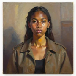portrait in daring femininity, ethnic, determined realistic face, urban outfit with jacket and buckles, warm glow, bathed in light, chiaroscuro, specular highlights, angular impressionism, radiosity, natural color scheme, earthy tones, modern fashion, contemporary art, oil on canvas