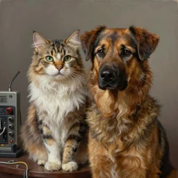 epic painting of a cat mixed with a dog, very detailed, ultrarealistic, dramatic lighting, electrical details, high details, 4k, 8k, trending on artstation, unreal engine 5, fur, groom, k9 catdog