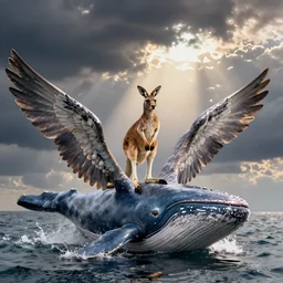 scenic photo of a kangaroo standing on a whale. extremely large wings. extreme detail, hyperrealistic photo