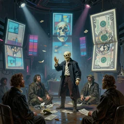 futuristic neon lighting scene of death of the money lenders, oil painting by rembrandt, led panel screens, dynamic lighting