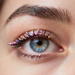 hi - end cosmetic macro photography of close up of eyes with ice cream sprinkles mascara