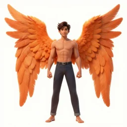 Avan Jogia as an angel. Large orange-feather wings. Character design by charlie bowater, ross tran, artgerm, and makoto shinkai, detailed, inked, western comic book art, 2021 award winning painting