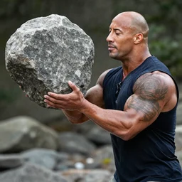 dwayne johnson picking up a rock that looks like kevin heart. photo