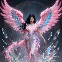 a photo of 8 k ultra realistic black haired woman with pink and blue flaming phoenix wings style of god of war, swarm of transparent glass shards, intricate, elegant, highly detailed, digital painting, artstation, concept art, smooth, sharp focus, illustration, art by artgerm and greg rutkowski and alphonse mucha, 8 k
