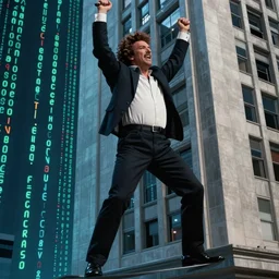 chuck norris lifting a building, cinematic, movie still, dramatic lighting, matrix code,!! by bill henson!!, 1 6 : 9 ratio