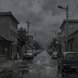 dark oil realistic painting of extremely gloomy communist streets in pyongyang