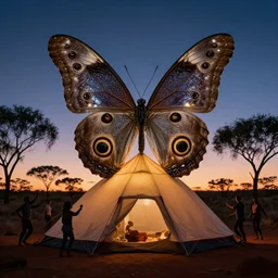 a giant butterfly sits on a tent in the outback, its eyes sparkle in the night and silhouettes of people dance around the tent
