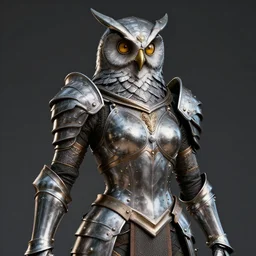 female warrior wearing metal owl armour, highly detailed, 4k, HDR, smooth, sharp focus, hyper realistic, high resolution