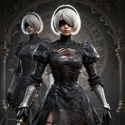 2 b from nier automata wearing knight aromor 3 d render, insanely super detailed, realistic octane render, 1 6 k, detailed in front of an intricate background. art by james merry, micro detail, backlit lighting, subsurface scattering, physically based rendering, trending on cgsociety