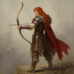a painting of an elven archer with long red hair holding a bow, wearing elven tribal ornamented armor, bear fur decorated shoulder pads, red ragged cape, full body concept, beksinski, the hobbit elf concept art, ruan jia