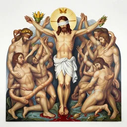 mural of blindfolded!!!! jesus christ surrounding by entwined bodies, holding a cornucopia, rivers of blood, by mu pan