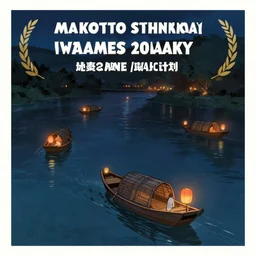 lantern boats floating in a river, evocative, dark night, detailed, award - winning, trending on artstation artwork by makoto shinkai and james gurney,
