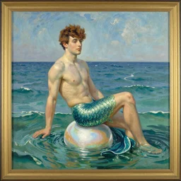 vintage beautiful painting of a beautiful gay merman sitting on a pearl in the middle of an ocean in Mary Cassatt style