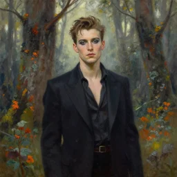 male glam rocker in the lichen forest. gouache fairytale art, russian romanticism, muted palette, backlighting, depth of field.