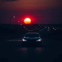 photography of car driving down dark road during sunset jdm light posts city in the background