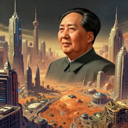 a hyper realistic digital art of mao zedong in cyberbunk city on mars by kim jung gi, irakli nadar, intricate linework, bright colors, cinematografic, highly detailed, hyperrealism, digital art, artstation, concept art, unreal engine 6, detailed and intricate environment, an expansive view of